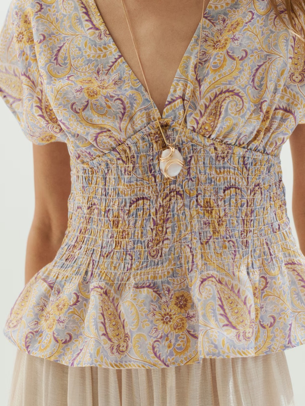 NWT Smocked Paisley Print Boho V Neck Blouse